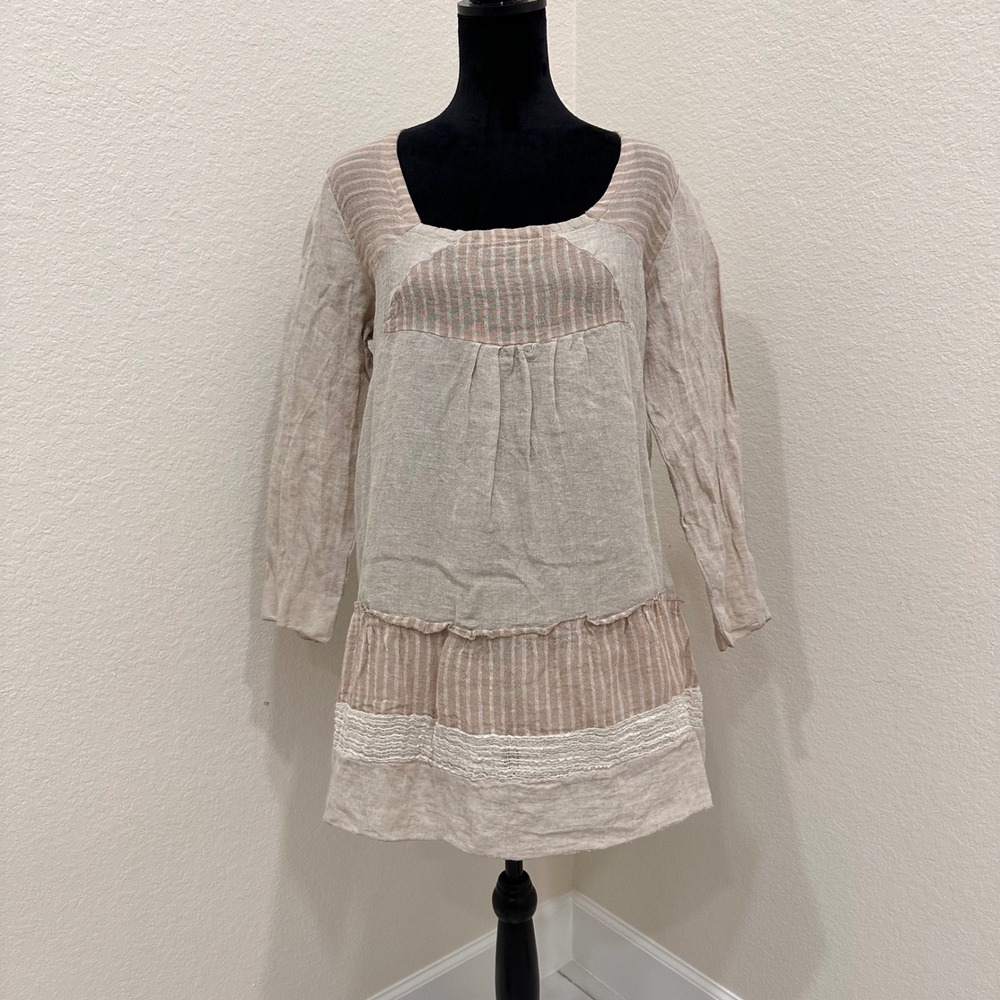 NEW‎ Marilu Sand Tan Babydoll Long Sleeve Mini Dress 100% Linen Italy Boho M